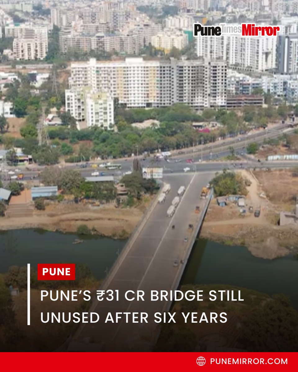 ThePuneMirror's tweet photo. A bridge built in 2019 between Balewadi and Wakad in Pune at a cost of ₹31 crore still remains unused because the connecting road was never completed. Officials could not acquire the land needed for the approach road on the Balewadi side, leaving the bridge without access for vehicles.
Commuters now take a 7-km detour every day, adding up to an hour to their travel time. The Bombay High Court has directed authorities to complete the formalities and open the bridge for public use.

#PuneNews, #BalewadiWakadBridge, #InfrastructureDelay, #TrafficIssues, #PublicFunds, #CityNews, #Punetimesmirror

(Pune bridge unused, Balewadi Wakad bridge incomplete, 2019 bridge Pune, missing access road, land acquisition delay, commuter detour, Bombay High Court order, Punetimesmirror)