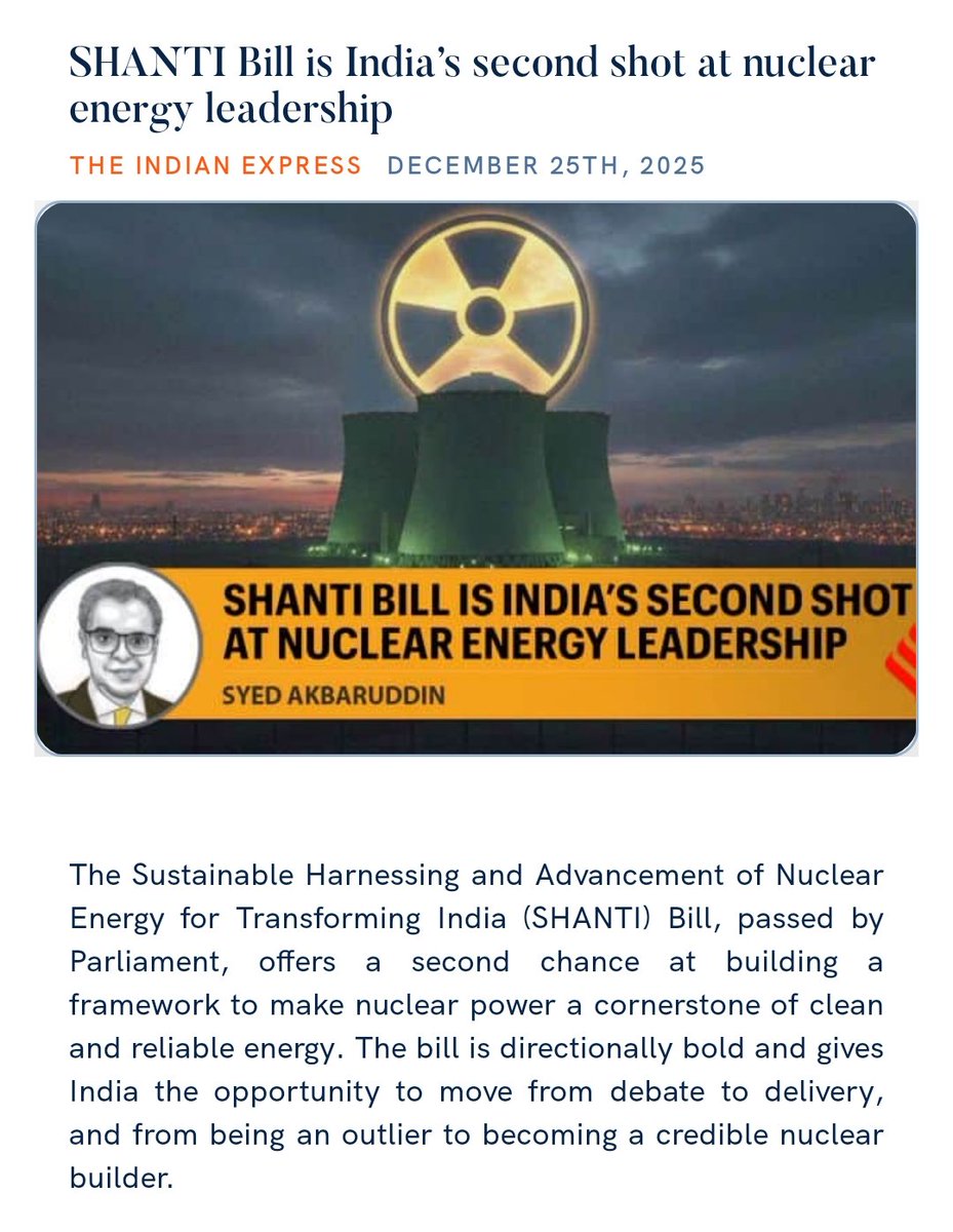 PMOIndia's tweet image. SHANTI Bill is India’s second shot at nuclear energy leadership
indianexpress.com/article/opinio… 

via NaMo App