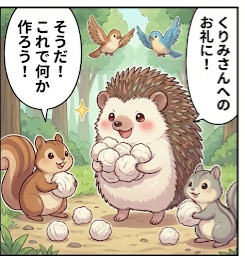 くりみちゃんとハリネズミちゃん④ ひつじちゃんはお礼に クッションを