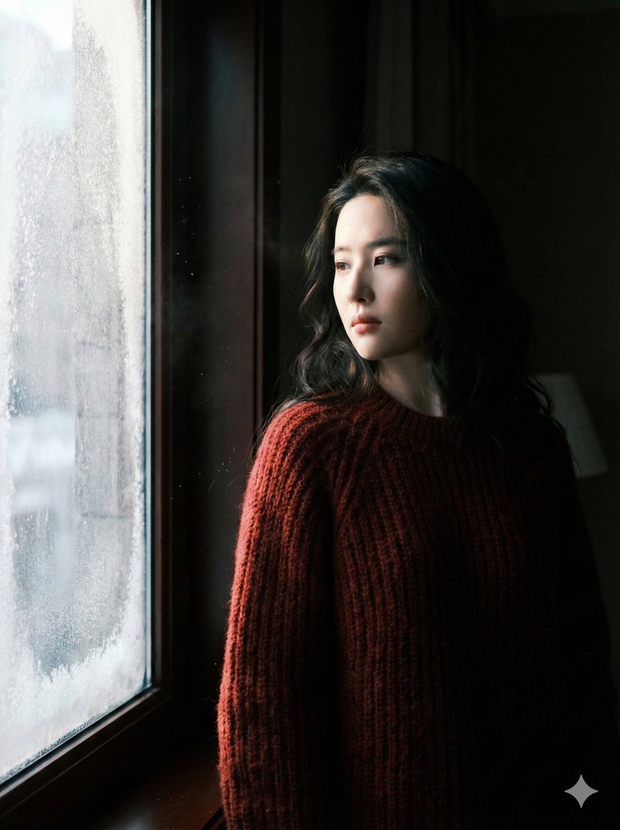 Whispers of Winter: A Portrait by the Frosted Window