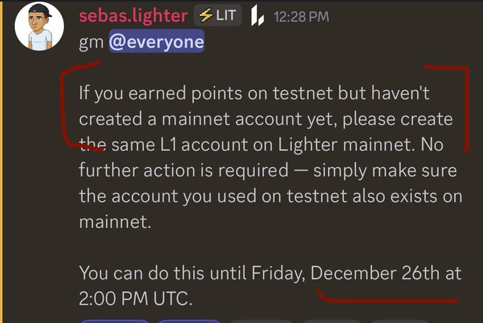 🚨 Important Update for <a href="/Lighter_xyz/">Lighter</a> testnet user's 

If you earned points on testnet and still haven't created Mainnet account on <a href="/Lighter_xyz/">Lighter</a> create same L1 account till December 26th 2:00 PM UTC 

👀 Looking like testnet user's also will be eligible for $LIT Airdrop ?