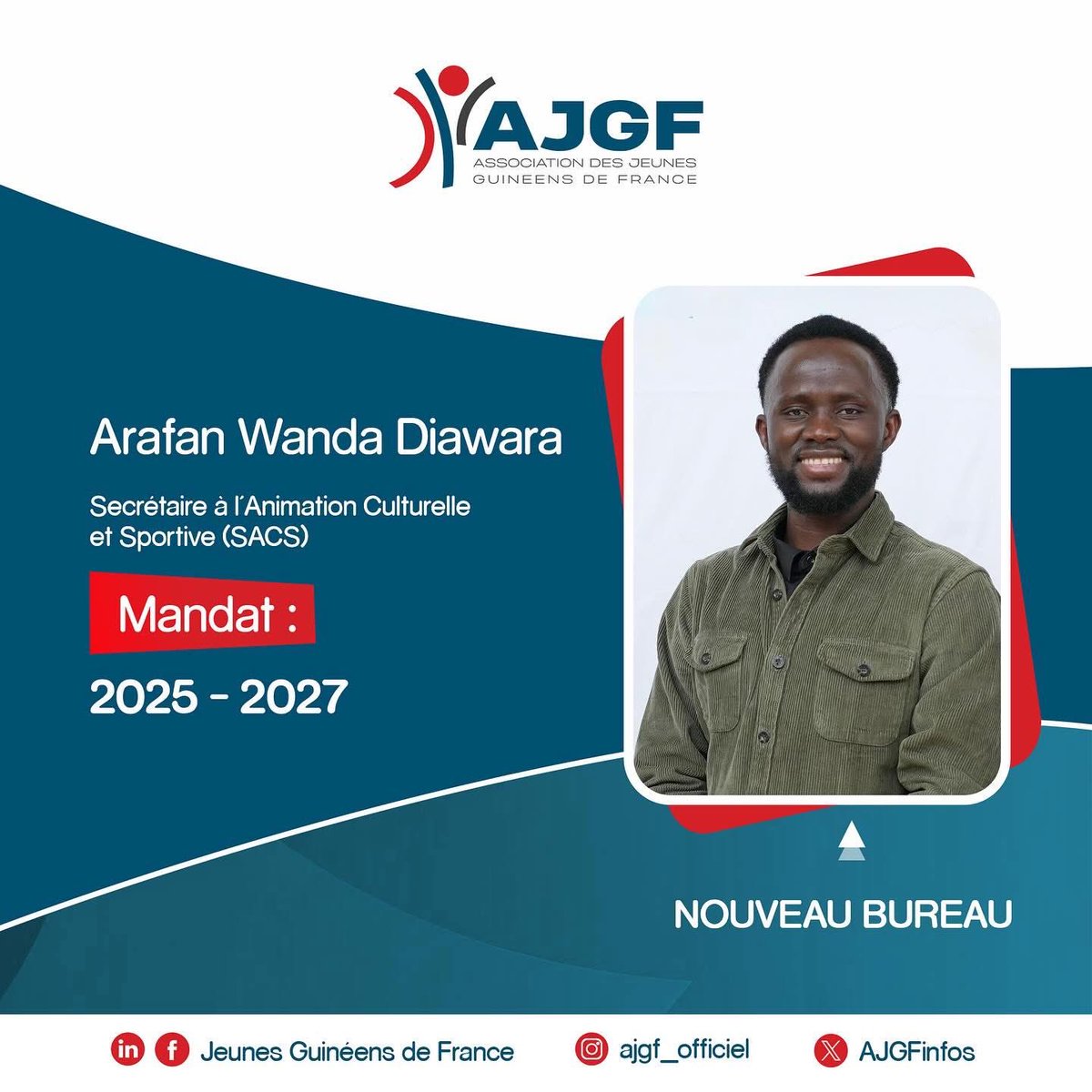 7️⃣ 𝐒𝐞𝐜𝐫é𝐭𝐚𝐢𝐫𝐞 à 𝐥’𝐀𝐧𝐢𝐦𝐚𝐭𝐢𝐨𝐧 𝐂𝐮𝐥𝐭𝐮𝐫𝐞𝐥𝐥𝐞 𝐞𝐭 𝐒𝐩𝐨𝐫𝐭𝐢𝐯𝐞 (𝐒𝐀𝐂𝐒) ! 

L’Association des Jeunes Guinéens de France a le plaisir de vous présenter son nouveau secrétaire chargé des affaires culturelles et sportives, Arafan Wanda Diawara.