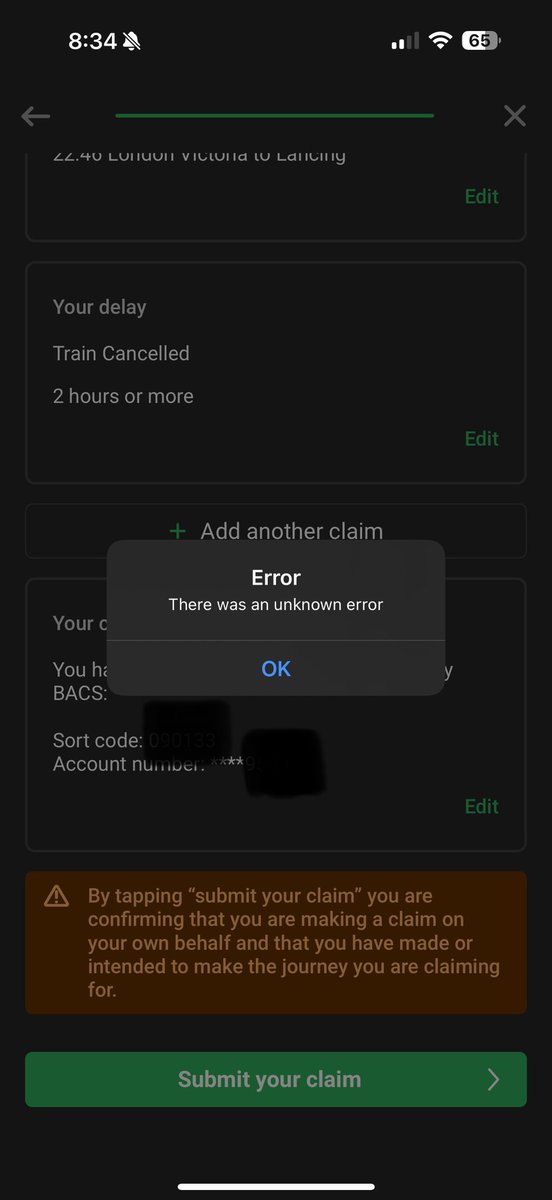 prc162's tweet image. Funny how  @SouthernRailUK app works perfectly when taking your money… but mysteriously breaks at the final step when you try to claim Delay Repay 🤔 “Unknown error” every time. Cancelled train. Valid claim. Designed to make people give up. Absolute scam @RailOmbudsman @WhichUK