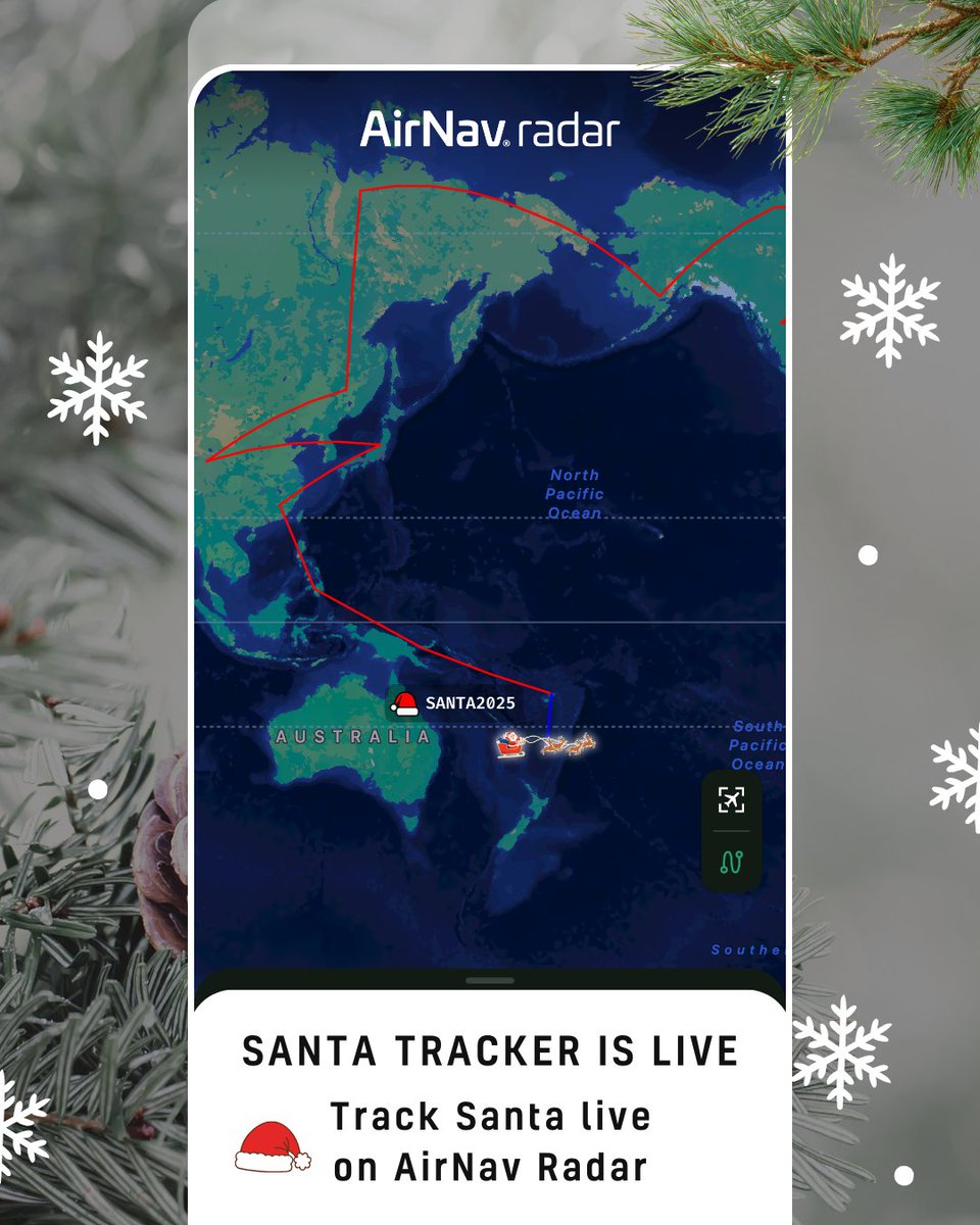 AirNavRadar's tweet photo. Santa is currently near New Zealand, delivering presents to all the good boys and girls! 🎅
Merry Christmas!🎄
Track it live: https://t.co/ahPhaDcRYc or https://t.co/m2MQgLvTUz 📱
#SANTA1 #Christmas2025 #Christmas https://t.co/pAu3ogUrwq