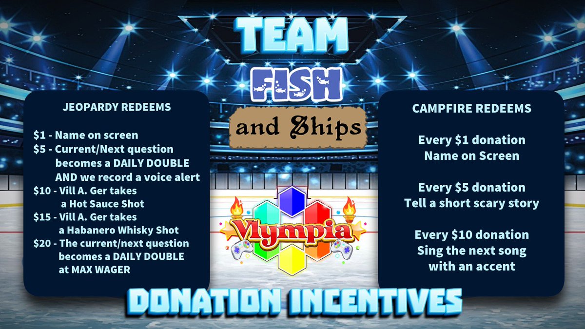 Ahoy, all you salty scallywags and Sea critters galore, Team Fish n Ships invites you to join them for the Winter Games on 1/17 3PMCST/ 1/18 8AM AEDT for Video Game Jeopardy and Campfire Karaoke! Your Captain, <a href="/villagerbard/">Vill A. Ger ♪︎ Sky Pirate VT 🏴‍☠️☁️</a> would like to share the team's Donation Incentives!