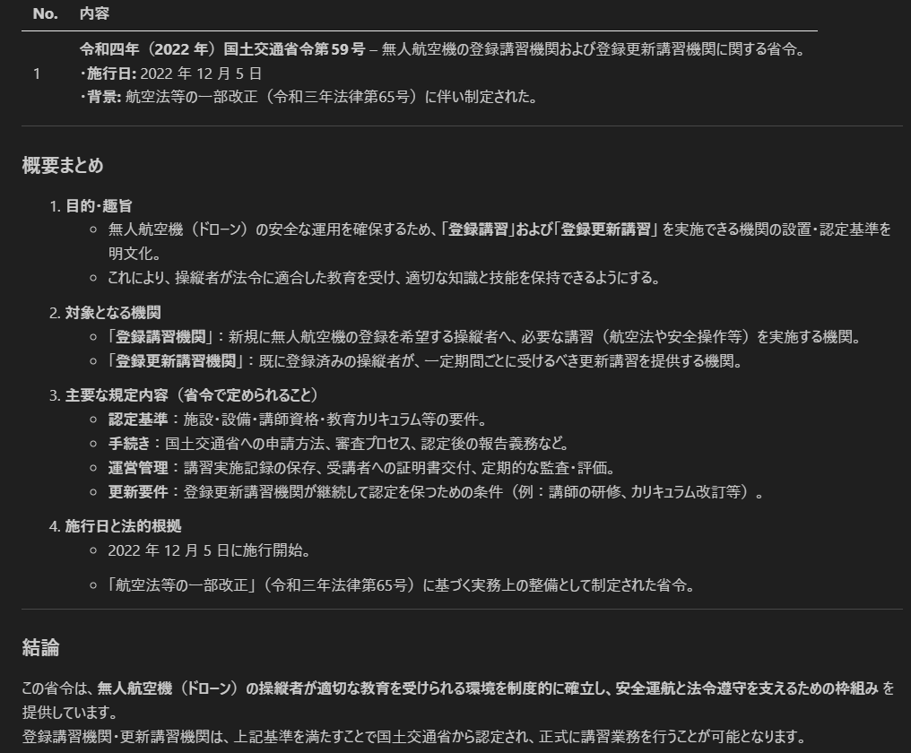 RAGFlowに平成から令和で発令された全法令を食わせて質問して結果がマジでヤバイ
質問「無人航空機の登録講習機関及び登録更新講習機関に関する省令の概要を教えてください」
ほぼ完ぺきに見える