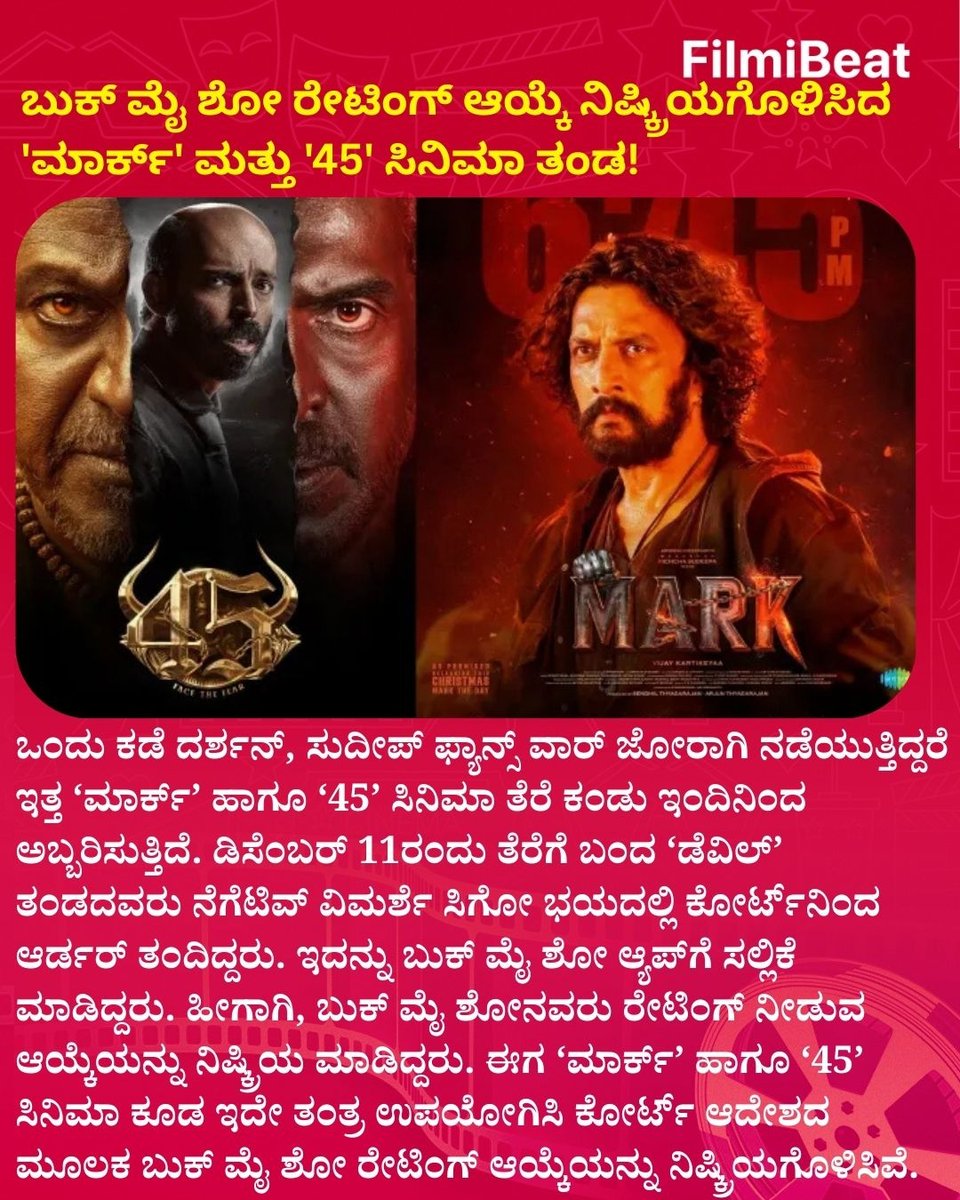 ಬುಕ್ ಮೈ ಶೋ ರೇಟಿಂಗ್ ಆಯ್ಕೆ ನಿಷ್ಕ್ರಿಯಗೊಳಿಸಿದ 'ಮಾರ್ಕ್' ಮತ್ತು '45' ಸಿನಿಮಾ ತಂಡ!

#MarkMovie #45Movie #BookMyShowRatingsDisabled #CourtOrder #SandalwoodFanWar #KannadaCinema #KicchaSudeep #ShivaRajkumar #Upendra #ReelTalk #FBK #FBKannada