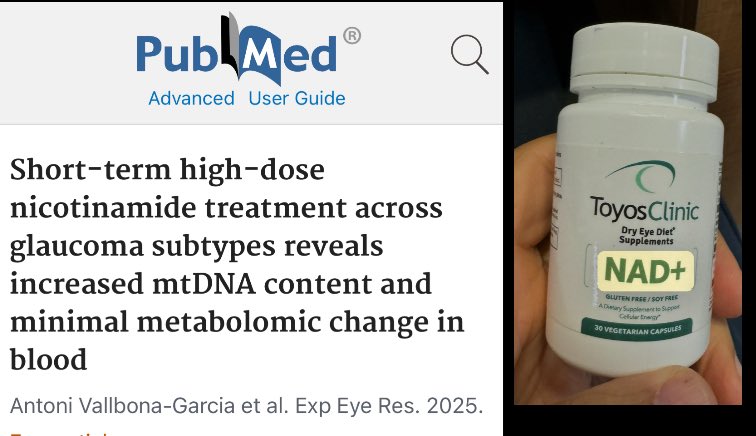 Reaching for my NAD this morning and this research pops up on my feed. I discuss NAD and CoQ10 to help my dry eye patients. I have been recommending CoQ10 to my glaucoma patients but looks like I should offer them some NAD as well. pubmed.ncbi.nlm.nih.gov/41412531/