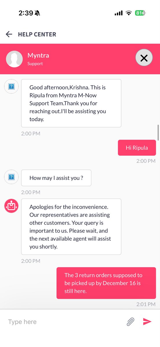 mr__krishna's tweet photo. @myntra what a pathetic support ! I tried to connect with @MyntraSupport and it literally took 45 mins, just to explain what my problem was. The chat agents just kept sending me back and forth and each agent wanted me to explain things from the beginning. https://t.co/AlPG0BtcVt