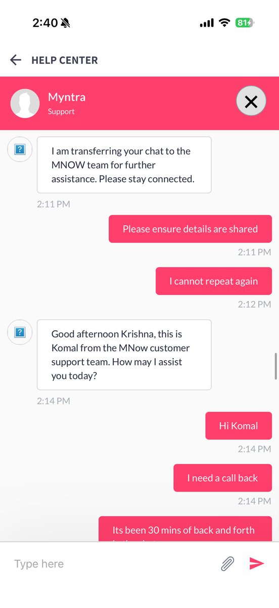 mr__krishna's tweet photo. @myntra what a pathetic support ! I tried to connect with @MyntraSupport and it literally took 45 mins, just to explain what my problem was. The chat agents just kept sending me back and forth and each agent wanted me to explain things from the beginning. https://t.co/AlPG0BtcVt