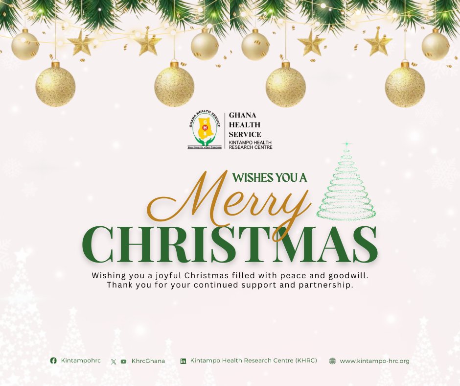 KhrcGhana's tweet photo. As we celebrate Christmas, the Management and Staff of @KhrcGhana extend our warmest wishes to you and your loved ones. We are deeply grateful to our funders, sponsors, collaborators, and stakeholders for your continued support and partnership throughout the year. Your commitment has been vital to advancing health research and improving lives in our communities.

We wish you a joyful, peaceful, and refreshing festive season.

#MerryChristmas