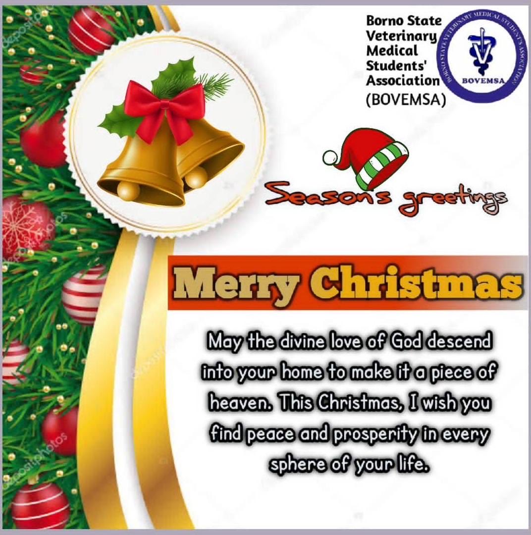 Season’s greetings from the Borno State Veterinary Medical Students’ Association (BOVEMSA).
Wishing everyone a Merry Christmas filled with peace, joy, and prosperity. 🎄✨
#ChristmasWishes