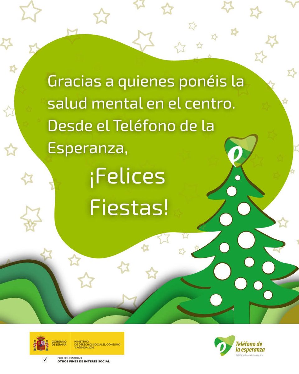 Gracias por poner la salud mental en el centro: escuchando, pidiendo ayuda, acompañando y tejiendo comunidad.
Estas fiestas, ojalá encuentres calma y abrigo. Y si lo necesitas, estamos contigo: 717 003 717.
💚 A por un 2026 con más cuidado y esperanza.
#TelefonodelaEsperanza