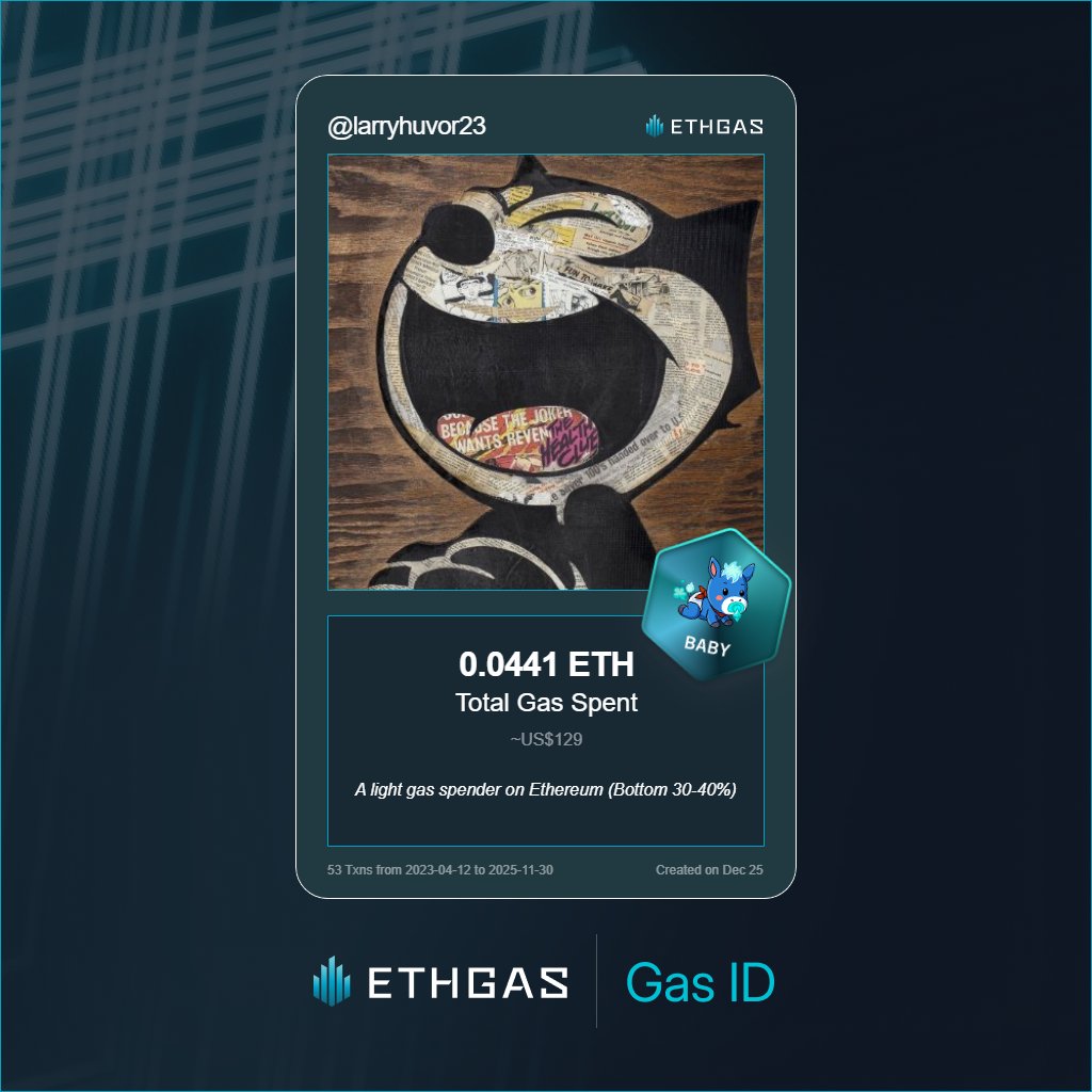 larryhuvor23's tweet photo. Just unlocked my Gas ID via ETHGas 🪪

I'm a Baby Jack with 0.0441 ETH spent on gas since Beacon Chain - now fueling my climb to the Gasless Future and earned 12 Beans already. 

Reveal yours at https://t.co/hhmcUCUGPs https://t.co/Z89TKDMSpA