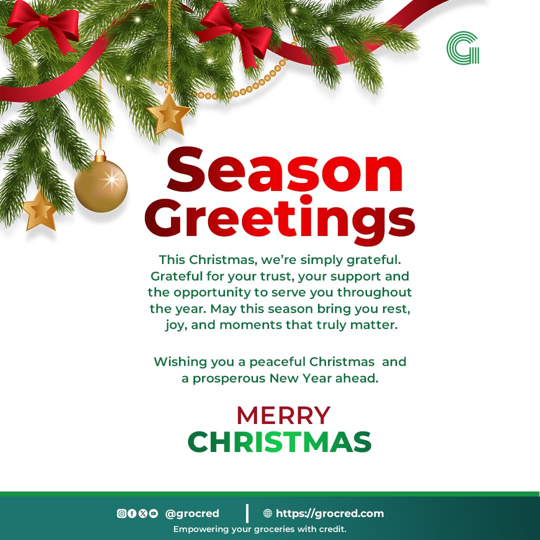 grocredltd's tweet photo. Season’s greetings from all of us at Grocred 🎄

We’re grateful for your trust, your support, and the opportunity to serve you all year long.

May this season bring you rest, joy, and moments that truly matter.

Merry Christmas

#SeasonGreetings #MerryChristmas #Grocred #Grateful https://t.co/jXg18oZkyy