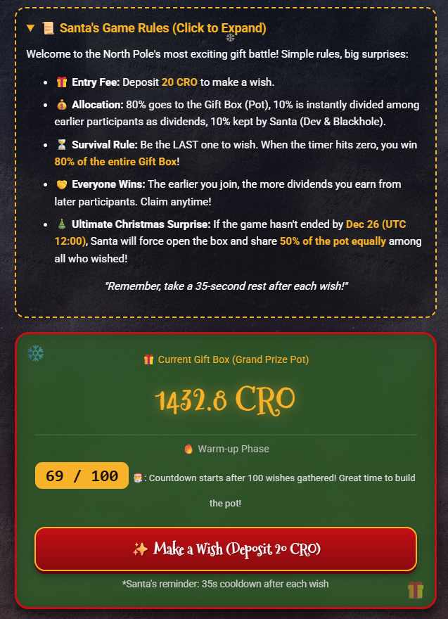 Merry Christmas #CROFam📷! 🎄📷 
I’ve built a fun little GameFi dApp on Cronos to bring some extra festive vibes and activity to the chain! 

📷$CRO into a 1,300 $CRO Christmas gift! 
📷 Play here:  Santa's Infinite Gift Box  christmas-gift-cro.vercel.app