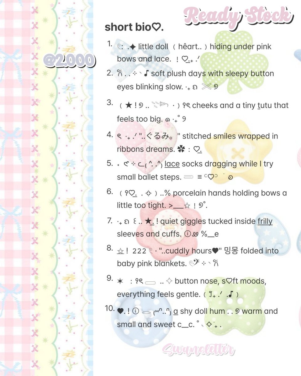 swansletter's tweet image. ㅤ
ㅤㅤ𓏲 ★.. 𐔌 ݂۫  · 🎀🍀 xoxo. ୭˚. ◝ 
help rt please, thankiees! ♡͟.

yimloo cahabat! ⭐___⭐ ivy bawain wording short bio ready stock 💌. suitable for all account yaps! price cuma 2.000/each sajaa. letcgoo mentimuns habiciiin! 💗.

t. zonauang wording bio rs