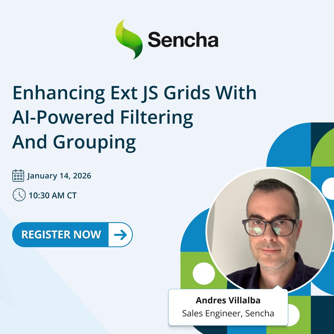 Sencha's tweet photo. If users need training to use your grid, something’s wrong.

See how AI helps Ext JS grids understand real questions — no extra logic, no manual filters, just answers.

🎥 Register:  https://t.co/ZVWtBdv4TQ 

#ExtJS #FrontendDev #AI #WebDev https://t.co/8jYG3tSfvF