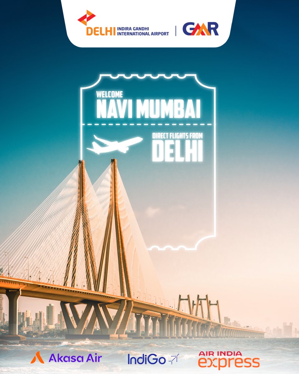 DelhiAirport's tweet image. Hello Navi Mumbai!

Direct flights from Delhi now to Navi Mumbai, the city of dreams. 
Book your next flight to #NaviMumbai 

#NewDestination #NewRoute #DelhiAirport