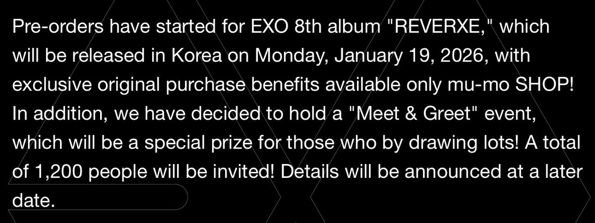 milkteus's tweet photo. exo will be holding a meet &amp; greet event in japan for their 8th album 'reverxe' with 1,200 winners selected via lottery!

participating members are subject to change without notice and further details will be announced at a later date~ https://t.co/3mifYeE95J