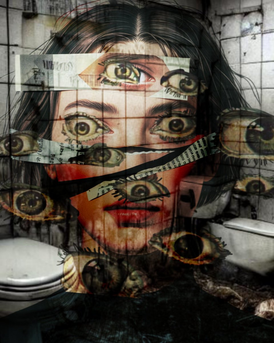 ここは壁さえも瞳を持つ場所。「期待」「嫉妬」「沈黙」…無数の視線に解体され、都合よく切り貼りされる私。 \u200b微笑む唇は意志か、それとも誰かの 作り物か。監視社会という怪物の腹の中で、私たちは見られる安心と恐怖の境界線を、今日もパズルのように繋ぎ合わせている ..., image size:960x1200