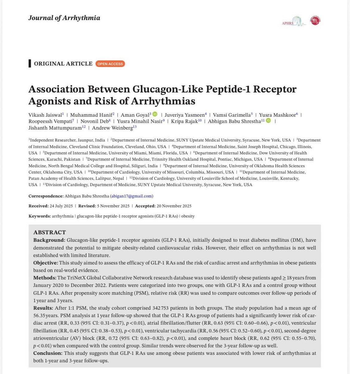 YusraMashkoor's tweet photo. Beyond weight loss &amp; glycemic control—can #GLP1RAs reduce #Arrhythmias? 🤔

📊 In our recently published large real-world study of >650,000 matched patients with obesity, GLP-1 RA use was associated with 📉 lower risk of cardiac arrest, AF/flutter, VT/VF &amp; heart block 🫀💊 https://t.co/myKENmUYk2