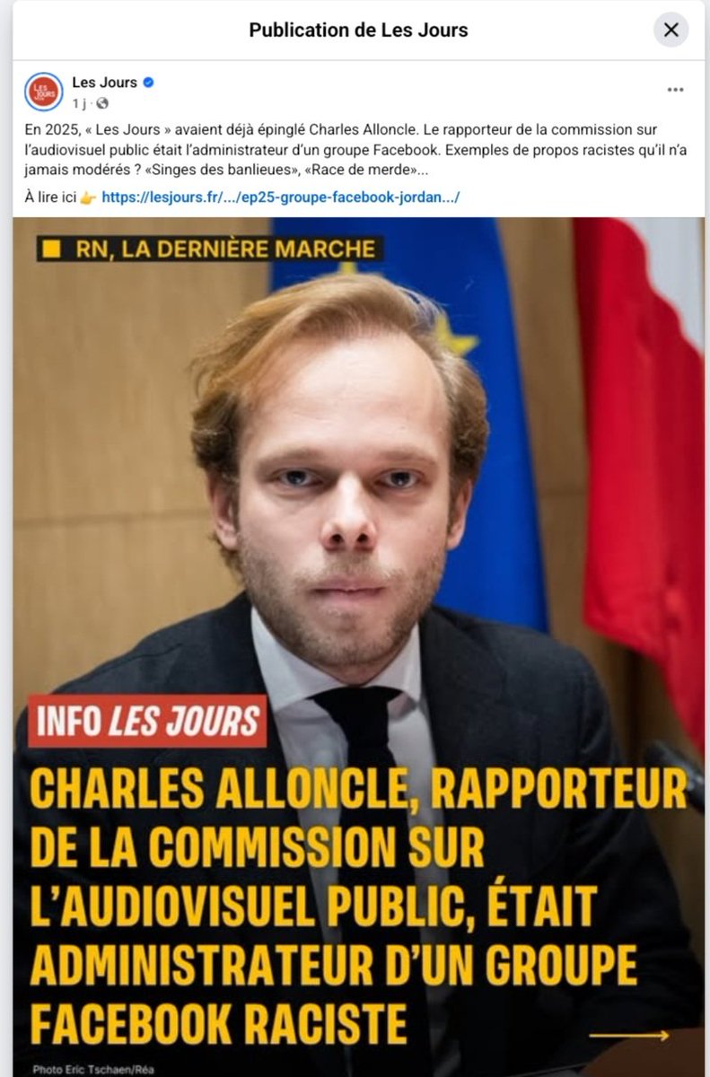 pier2kan's tweet image. Bon Noël 🤶 aussi !
Donc, on apprend par @Lesjoursfr que Charles #Alloncle le rapporteur maccarthyste de la commission de l’audiovisuel public fût l’adminitrateur très tolérant d’un groupe Facebook aux contenus racistes et xénophobes !