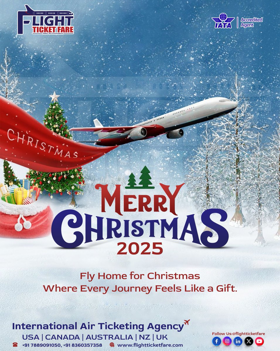 flightticketfar's tweet photo. ✈️Fly home for Christmas 🎄
Make every journey feel like a gift with Flight Ticket Fare. Trusted international air ticketing for USA, Canada, Australia, NZ &amp; UK. Festive travel made smooth, reliable &amp; affordable. https://t.co/cCwzNX25Ce https://t.co/7tflMx2aUf