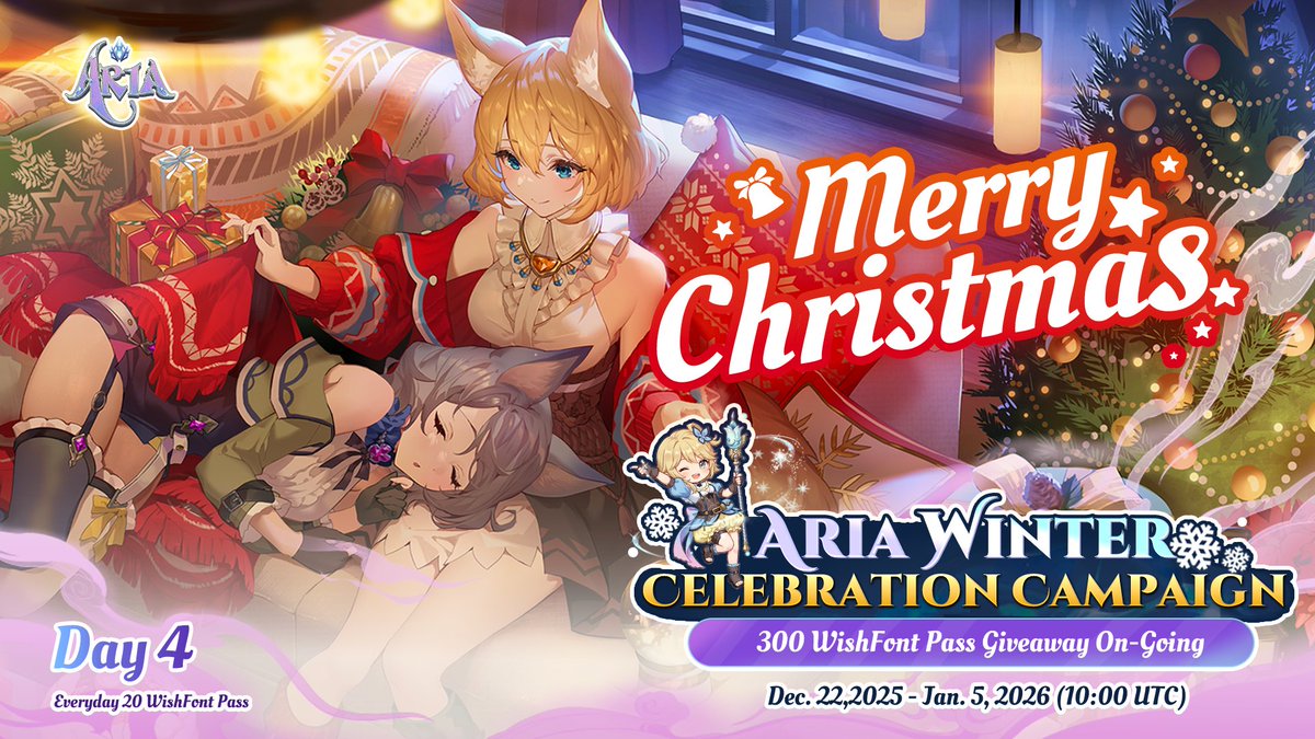 PlayAriaGame's tweet image. ❄️ AriaAi Winter Celebration Campaign  

🧑‍🎄 Dec.25, 2025 MERRY X-MAS Guys! 🧑‍🎄

DAY 4️⃣ -&amp;gt; Win your Slots in WishFont Pass Giveaway!     

💃 likes  ,  RT , and  Comment your words + 
&amp;lt;The name of YOUR Character&amp;gt;