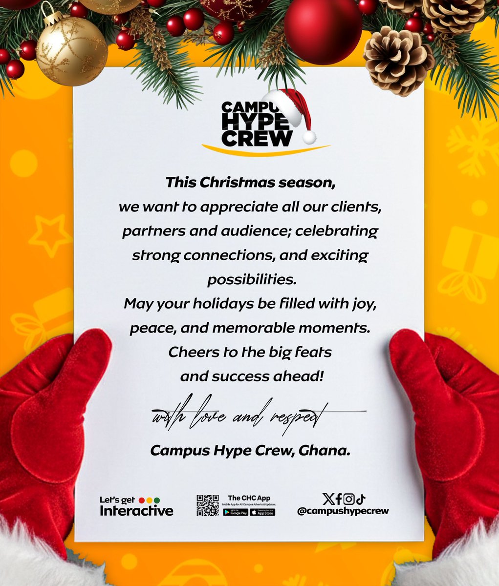 CampusHypeCrew's tweet image. 🎄Season's Greetings From All Of Us At CHC.

We Wish You A Merry Christmas And An Exciting New Year Ahead!🥂🎉

#CampusHypeCrew🇬🇭