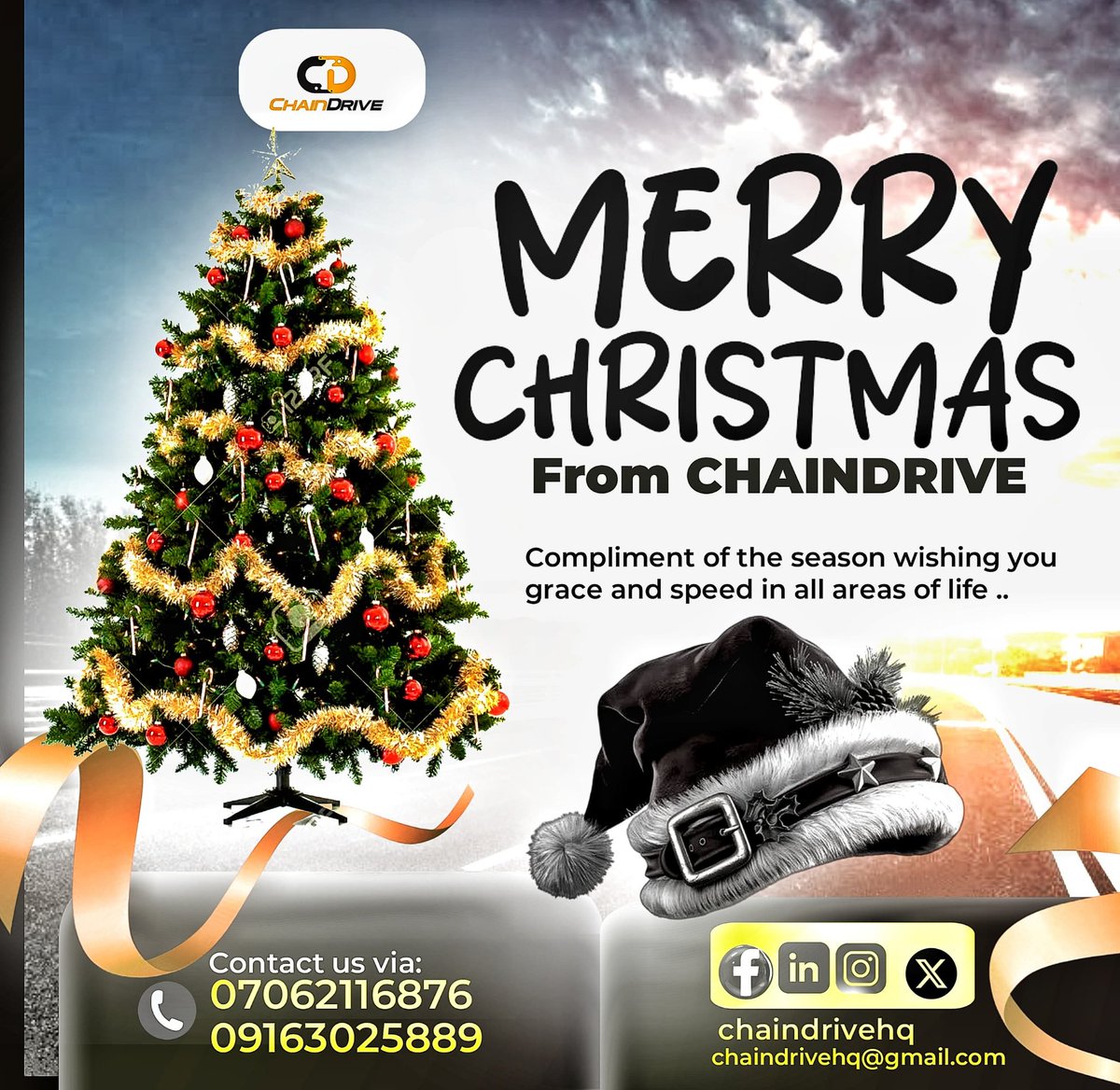 Merry Christmas from all of us at CHAINDRIVE 

May your day be filled with joy, warmth, and smooth journeys wherever the season takes you. Thank you for trusting us to move you right all year long. Here’s to love, laughter, and seamless rides today and always.

Happy Christmas 🎄