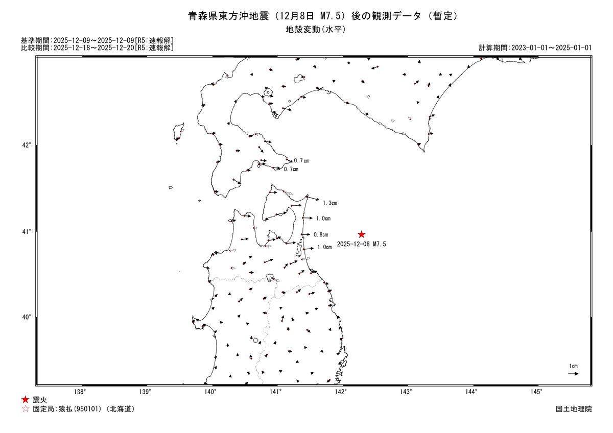 令和7年12月8日に青森県東方沖で発生した地震（M7.5、深さ54km（暫定値