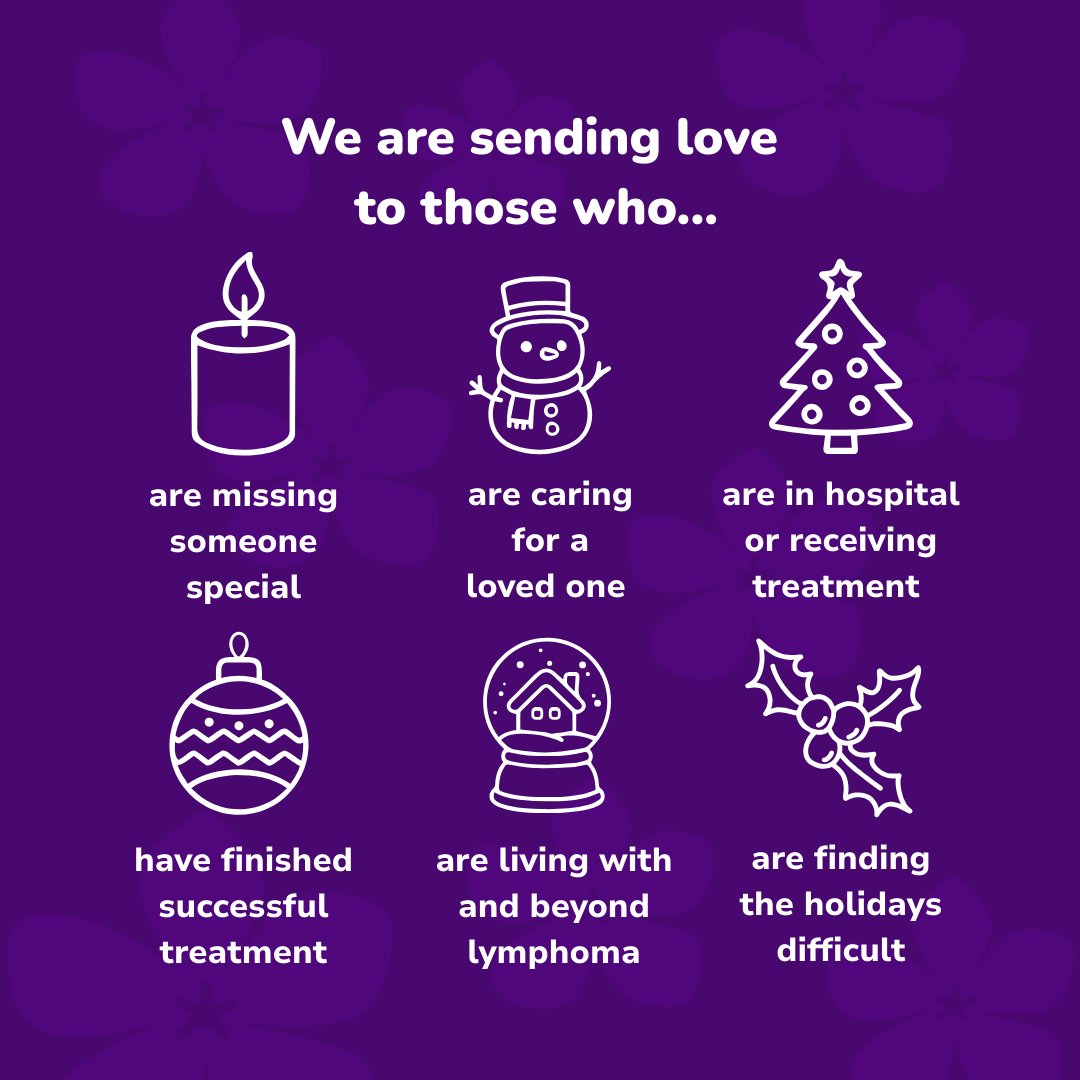 LymphomaAction's tweet photo. This Christmas, we’re sending our heartfelt wishes to everyone affected by #Lymphoma. In any way, and at every stage. 

Whether you’re celebrating, remembering, or simply getting through the day, please know that you are not alone. 

From the whole team at Lymphoma Action. 💜 https://t.co/4edR3gwUYp