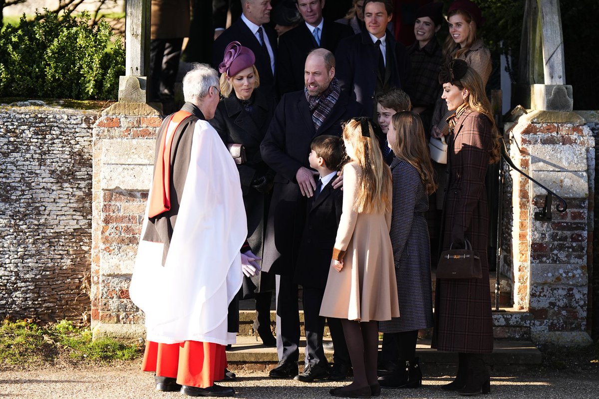 Zara Tindall, the Prince &amp; Princess of Wales, Prince Louis, Princess Charlotte, Prince George, Mia &amp; Mike Tindall, Jack Brooksbank, Edoardo Mapelli Mozzi, Princess Eugenie &amp; Princess Beatrice leaving the Christmas Day morning church service, St Mary Magdalene Church, Sandringham
