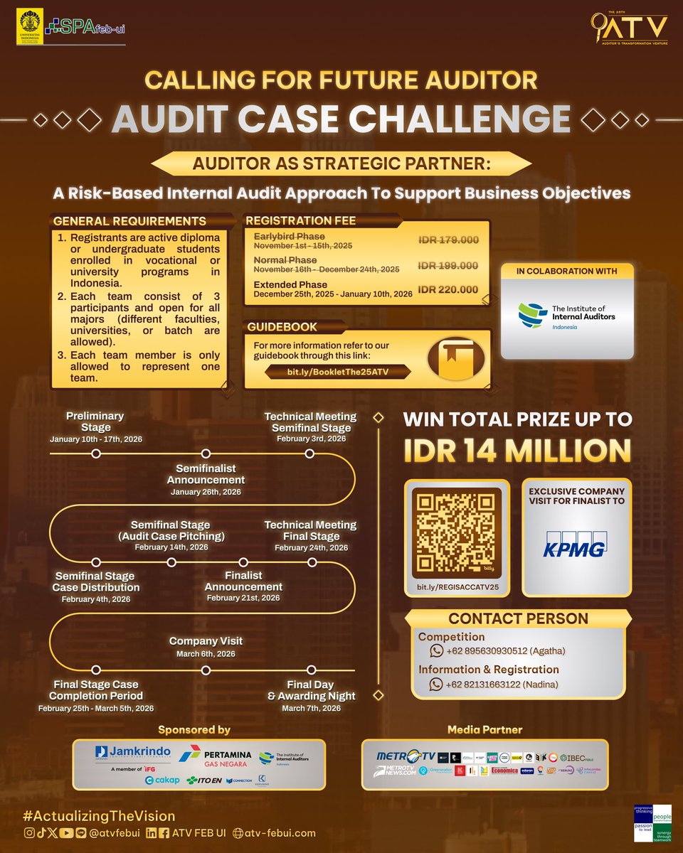 atvfebui's tweet photo. [EXTENDED REGISTRATION: AUDIT CASE CHALLENGE THE 25TH ATV]

Greetings, Future Auditors!

Good news for those who missed the initial window! Due to the high enthusiasm for this year’s competition, the registration for the Audit Case Challenge is OFFICIALLY EXTENDED. https://t.co/Dtmb1kN9tl
