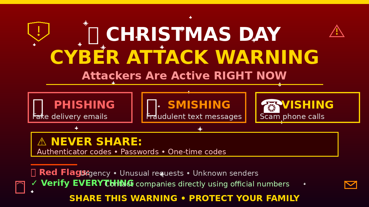 progresschidera's tweet photo. 🚨 CHRISTMAS SCAM ALERT

Fake delivery emails/texts
Scam bank calls
ALL asking for 2FA codes

🚫 NEVER share authenticator codes
✓ Verify through official channels

Pause before clicking ANYTHING today.

Share with family.

#CyberSecurity #ChristmasScam https://t.co/TRKHzlbbEx