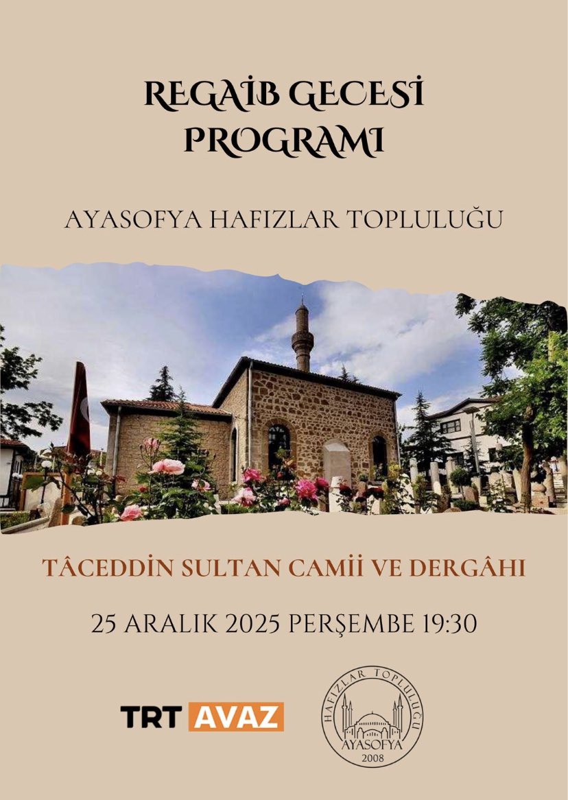 Topluluğumuz bu akşam saat 19.30’da Ankara Tâceddin Sultan Camii’nde TRT Avaz canlı yayınında olacaktır.

Regaib Gecemiz mübarek olsun.