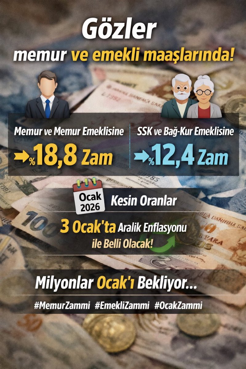 💰 Asgari ücretin ardından gözler memur ve emekliye çevrildi!

📌 Ocak 2026’da
👨‍💼 Memur &amp; memur emeklisine: yaklaşık %18,8
👵👴 SSK &amp; Bağ-Kur emeklisine: yaklaşık %12,4 zam bekleniyor.

📊 Kesin oranlar, 3 Ocak’ta açıklanacak Aralık enflasyonu ile netleşecek.