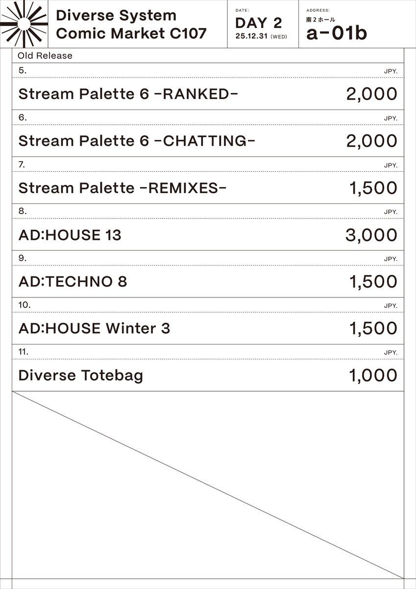 新作が出揃いました。お品書きとなります。

Comic Market 107 day2(12/31)
南2 a-01b Diverse System

皆様のご来場お待ちしております！
#C107 #C107お品書き