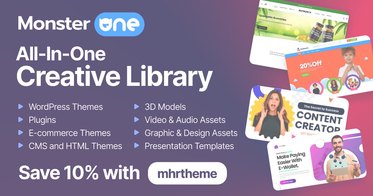 thememhr's tweet photo. Use My Promo Code and Get Access to 540,000+ Digital Items – Including Website Templates!

📷 Use my exclusive promo code [mhrtheme] to get 10% OFF all MonsterONE plans!

🔗 Start your subscription today: https://t.co/888MiFoYSx https://t.co/waMvrEIHKZ