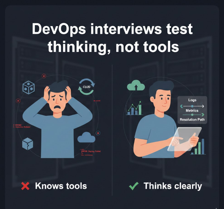 asynctrix's tweet image. Two candidates know the same stack.
One gets rejected. One gets hired.

DevOps #interviews don’t reject you for missing a tool.
They reject you for missing "reasoning".

The difference isn’t Kubernetes or Terraform.

It’s this 👇
→ Can you explain *why* the system failed?
→ Can