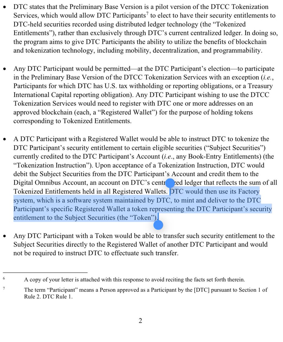Altcoinist's tweet image. DTC will act as a Token Factory

locking securities in its system and minting tokens that represent the same entitlements (keeping legal control while making ownership portable onchain)

sec.gov/files/tm/no-ac…

DTC-&amp;gt; Depository Trust Company (DTC) is the DTCC subsidiary that…
