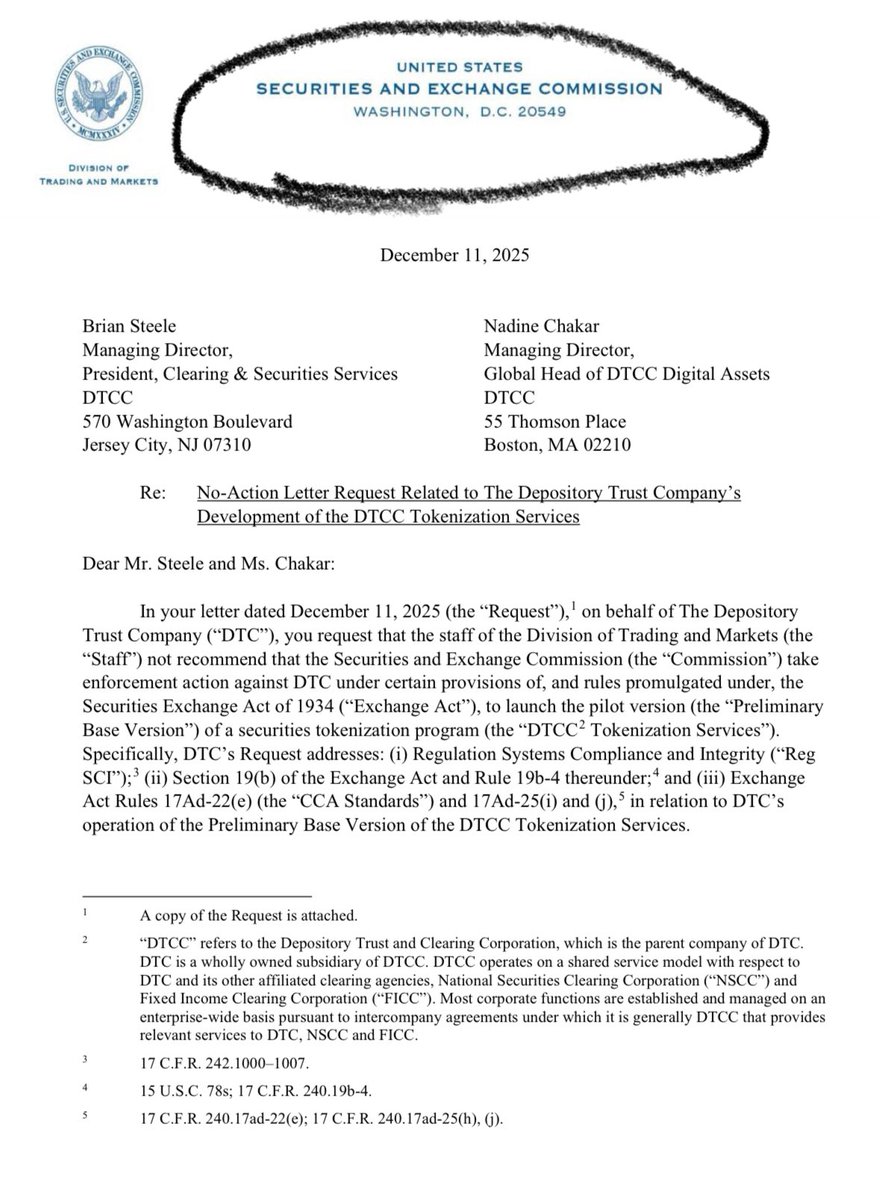 Altcoinist's tweet image. DTC will act as a Token Factory

locking securities in its system and minting tokens that represent the same entitlements (keeping legal control while making ownership portable onchain)

sec.gov/files/tm/no-ac…

DTC-&amp;gt; Depository Trust Company (DTC) is the DTCC subsidiary that…