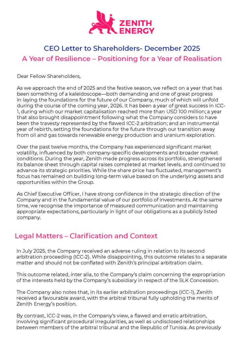 Zenith Energy's Christmas letter to shareholders from CEO Andrea