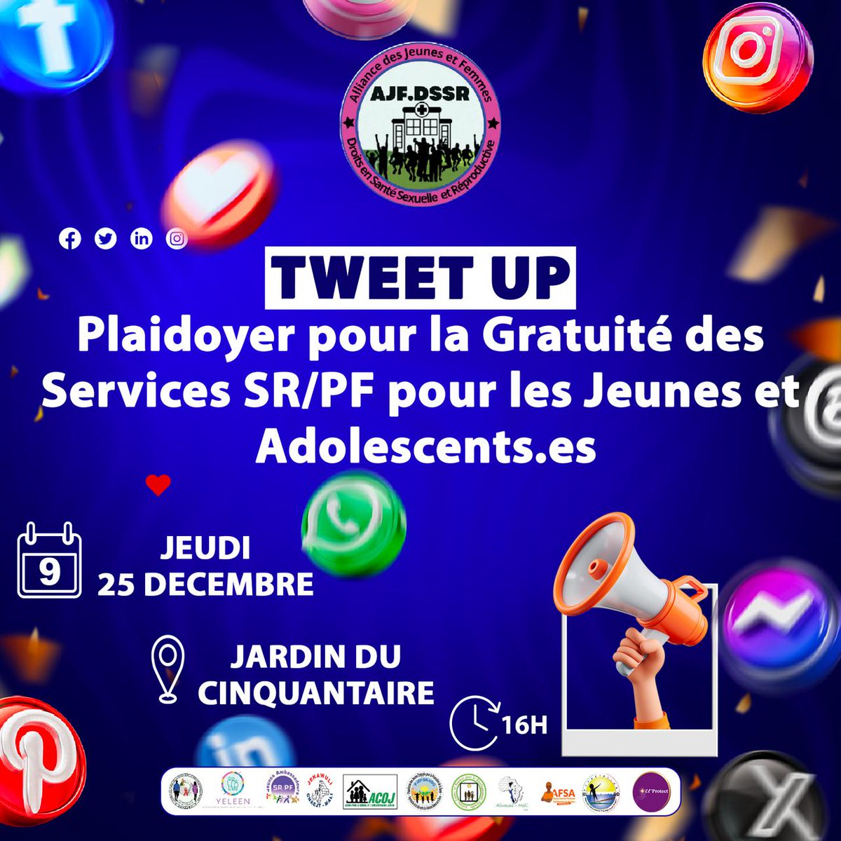 P𝐥𝐚𝐢𝐝𝐨𝐲𝐞𝐫 𝐩𝐨𝐮𝐫 𝐥𝐚 𝐠𝐫𝐚𝐭𝐮𝐢𝐭é 𝐝𝐞𝐬 𝐬𝐞𝐫𝐯𝐢𝐜𝐞𝐬 𝐒𝐑/𝐏𝐅 𝐩𝐨𝐮𝐫 𝐥𝐞𝐬 𝐚𝐝𝐨𝐥𝐞𝐬𝐜𝐞𝐧𝐭.𝐞.𝐬 𝐞𝐭 𝐣𝐞𝐮𝐧𝐞𝐬 

Tweet Up plaidoyer pour la gratuité des services SR/PF pour les adolescent.e.s et jeunes 

#Ajfdssr  
#ONASR
#GratuitéServiceSR/PF
