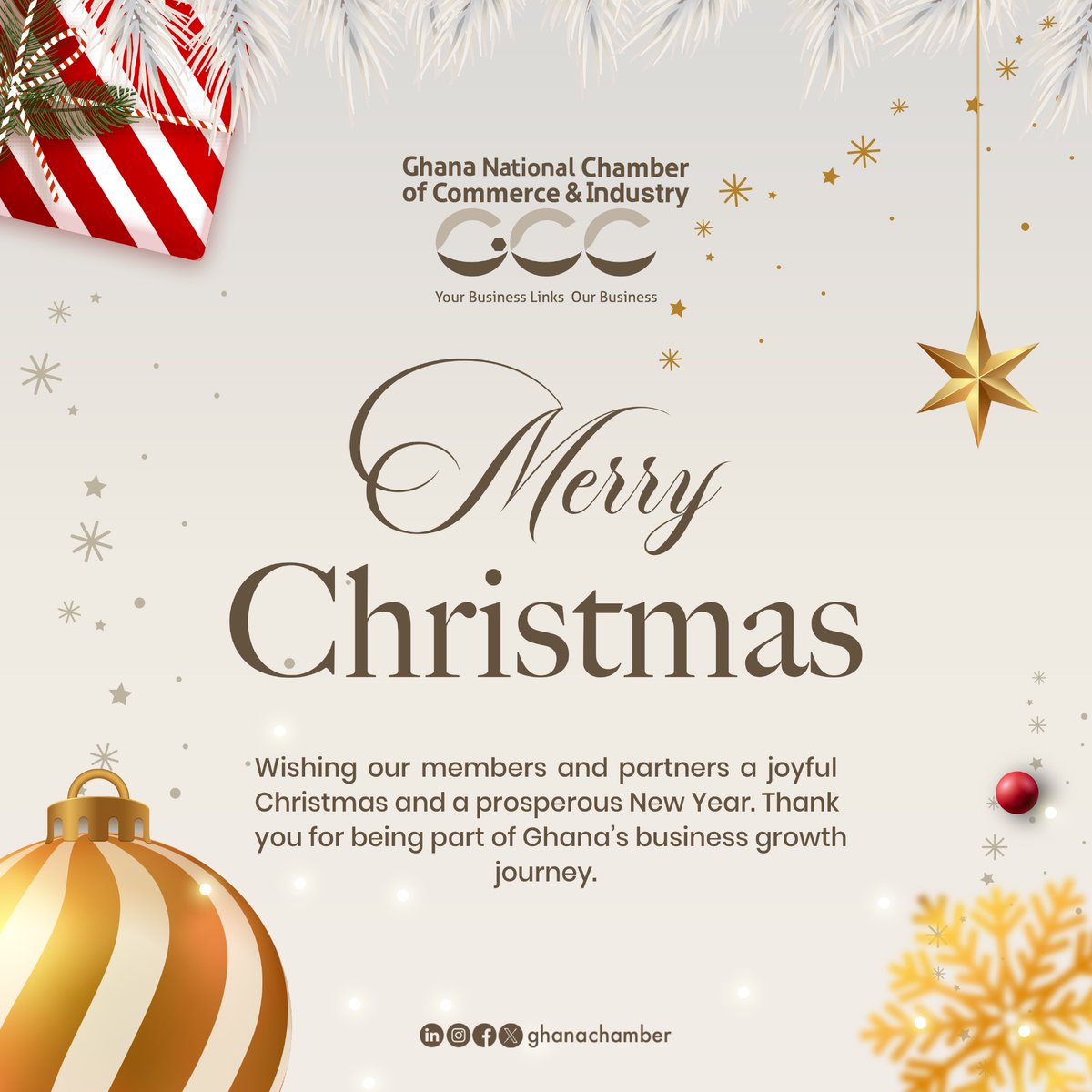 As the year comes to a close, the Ghana National Chamber of Commerce and Industry extends warm Christmas wishes to our cherished members, partners, and stakeholders.

✨ Merry Christmas &amp; a Prosperous New Year ✨

#GNCCI #merrychristmas