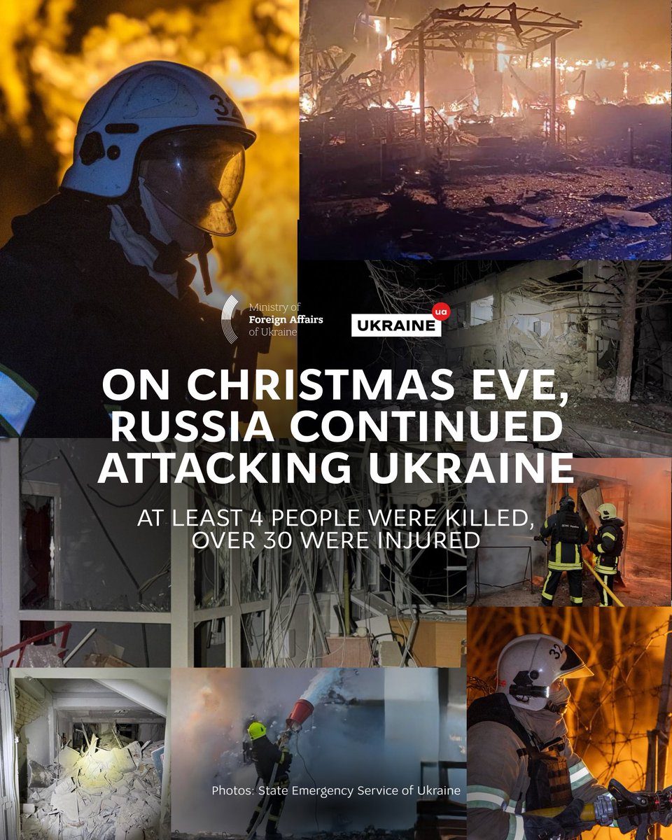 Russia continues to carry out terror in Ukraine and to kill Ukrainians – even during the Christmas holidays, even on the holy night.

Russia launched attacks in the Kharkiv, Odesa, and Chernihiv regions, killing at least four people and injuring over 30 others. The damage