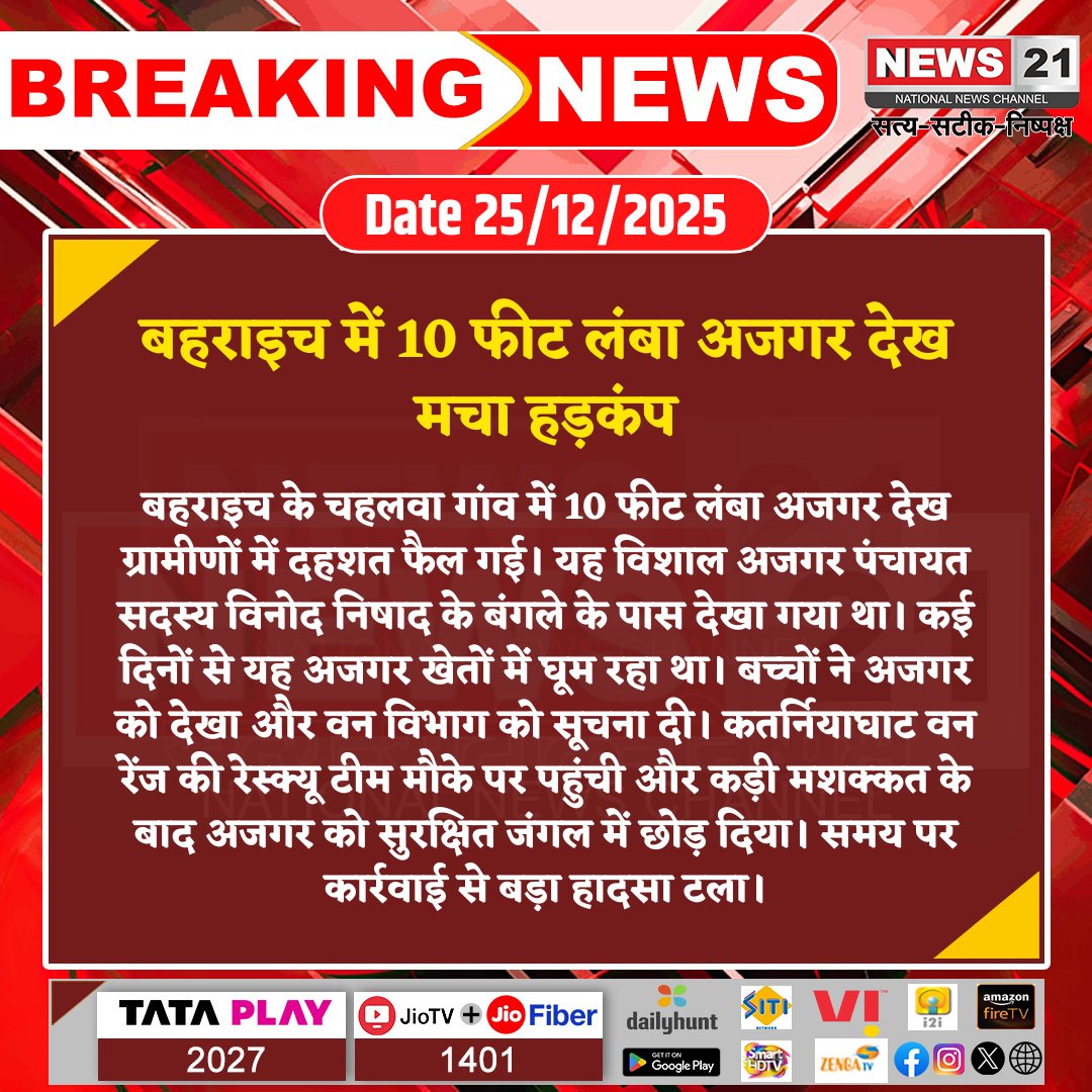 news21national's tweet image. बहराइच में 10 फीट लंबा अजगर देख मचा हड़कंप

#Baharich #PythonRescue #SnakeRescue #WildlifeRescue #ForestDepartment #News21