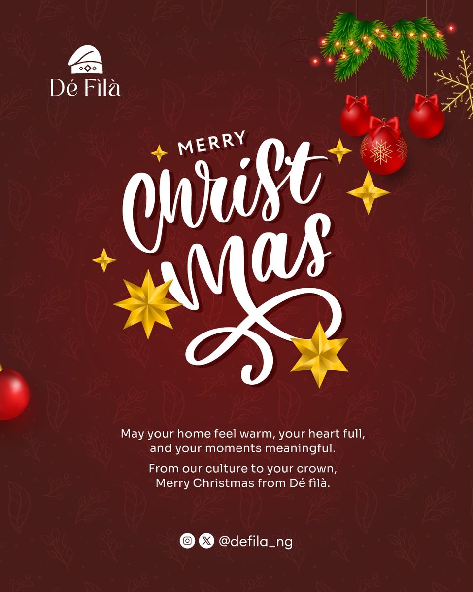 DeFila_ng's tweet photo. Christmas is here.
A day for shared meals, familiar faces and quiet gratitude.
May your heart feel warm, your heart full and your moments meaningful. 
From our culture to your crown - Merry Christmas from Dèfilá
#dèfilá #christmas #festiveseason #elegancewithidentity https://t.co/E247a1X2Y4