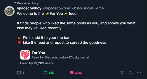 🦋
For those who don’t want to move to the blue site because it doesn’t really have a proper recommendation feed.

This “For You” feed works perfectly. I’ve only been using it for a few days, but I’ve already found a lot of amazing creators and artworks.
